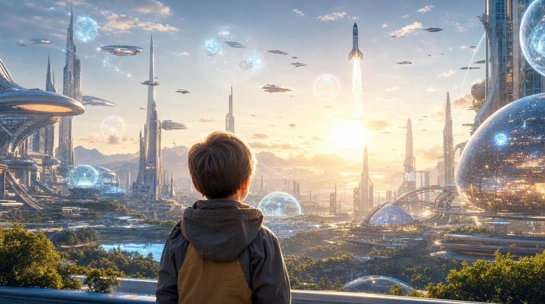 A child gazing up at a glowing futuristic world