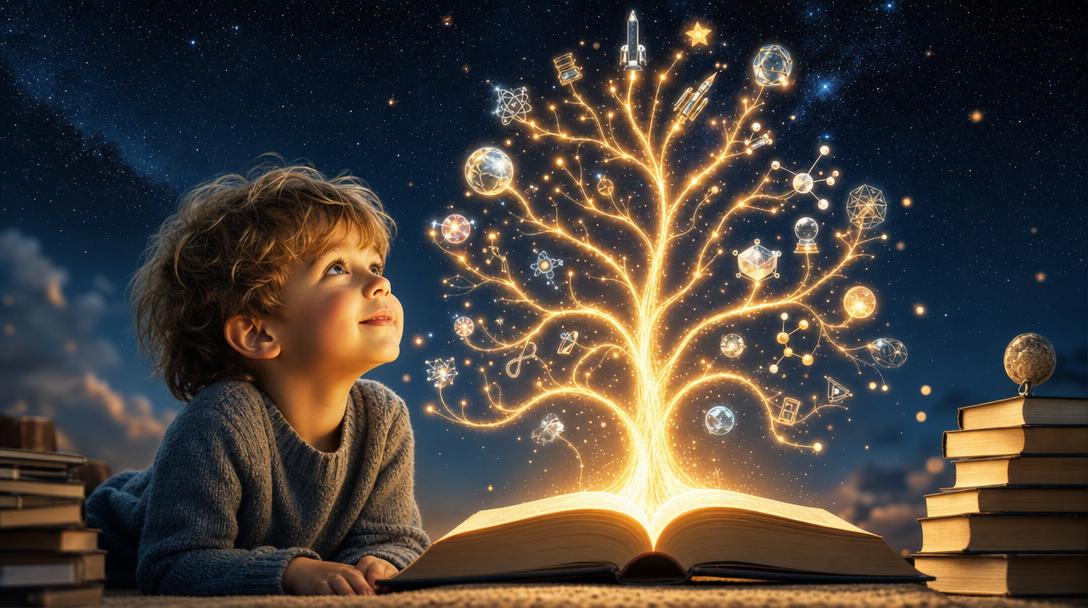 A glowing tree of knowledge growing from an open book